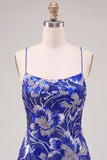 Blue Bodycon Spaghetti Straps Sequins Beaded Homecoming Dress with Lace Up Back