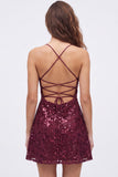 Navy A-Line Sequins Spaghetti Straps Short Homecoming Dress with Lace Up Back