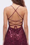 Navy A-Line Sequins Spaghetti Straps Short Homecoming Dress with Lace Up Back