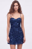 Navy A-Line Sequins Spaghetti Straps Short Homecoming Dress with Lace Up Back