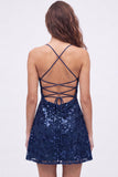 Navy A-Line Sequins Spaghetti Straps Short Homecoming Dress with Lace Up Back