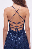 Navy A-Line Sequins Spaghetti Straps Short Homecoming Dress with Lace Up Back