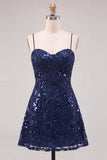 Navy A-Line Sequins Spaghetti Straps Short Homecoming Dress with Lace Up Back