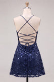Navy A-Line Sequins Spaghetti Straps Short Homecoming Dress with Lace Up Back