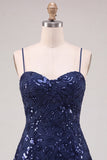 Navy A-Line Sequins Spaghetti Straps Short Homecoming Dress with Lace Up Back
