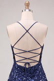 Navy A-Line Sequins Spaghetti Straps Short Homecoming Dress with Lace Up Back
