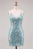 Sparkly Green Bodycon Sequins Spaghetti Straps Lace Up Back Homecoming Dress