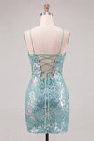 Sparkly Green Bodycon Sequins Spaghetti Straps Lace Up Back Homecoming Dress