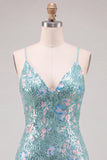 Sparkly Green Bodycon Sequins Spaghetti Straps Lace Up Back Homecoming Dress