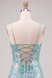 Sparkly Green Bodycon Sequins Spaghetti Straps Lace Up Back Homecoming Dress