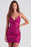 Fuchsia Bodycon Lace Up Back Floral Short Homecoming Dress with Sequins