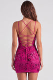 Fuchsia Bodycon Lace Up Back Floral Short Homecoming Dress with Sequins