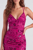 Fuchsia Bodycon Lace Up Back Floral Short Homecoming Dress with Sequins