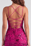 Fuchsia Bodycon Lace Up Back Floral Short Homecoming Dress with Sequins