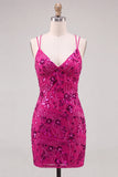 Fuchsia Bodycon Lace Up Back Floral Short Homecoming Dress with Sequins