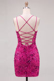 Fuchsia Bodycon Lace Up Back Floral Short Homecoming Dress with Sequins