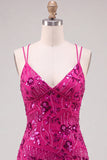 Fuchsia Bodycon Lace Up Back Floral Short Homecoming Dress with Sequins