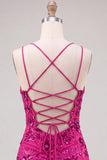 Fuchsia Bodycon Lace Up Back Floral Short Homecoming Dress with Sequins