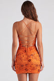 Fuchsia Bodycon Lace Up Back Floral Short Homecoming Dress with Sequins