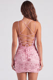 Fuchsia Bodycon Lace Up Back Floral Short Homecoming Dress with Sequins