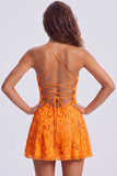 A-Line Red Sequins Lace Up Back Spaghetti Straps Short 80s Homecoming Dress