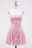 A-Line Red Sequins Lace Up Back Spaghetti Straps Short 80s Homecoming Dress