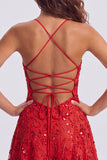 A-Line Red Sequins Lace Up Back Spaghetti Straps Short 80s Homecoming Dress