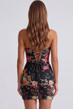 Black Sweetheart Ruched Floral Bodycon Short Homecoming Dress with Lace Up Back