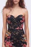 Black Sweetheart Ruched Floral Bodycon Short Homecoming Dress with Lace Up Back