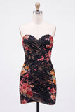 Black Sweetheart Ruched Floral Bodycon Short Homecoming Dress with Lace Up Back