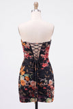 Black Sweetheart Ruched Floral Bodycon Short Homecoming Dress with Lace Up Back