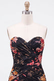 Black Sweetheart Ruched Floral Bodycon Short Homecoming Dress with Lace Up Back