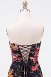 Black Sweetheart Ruched Floral Bodycon Short Homecoming Dress with Lace Up Back