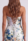 Black Sweetheart Ruched Floral Bodycon Short Homecoming Dress with Lace Up Back