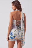 Strapless Ivory Floral Bodycon Short Homecoming Dress with Lace Up Back