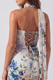Strapless Ivory Floral Bodycon Short Homecoming Dress with Lace Up Back