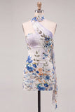 Strapless Ivory Floral Bodycon Short Homecoming Dress with Lace Up Back