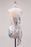 Strapless Ivory Floral Bodycon Short Homecoming Dress with Lace Up Back