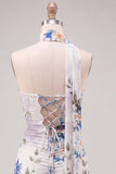 Strapless Ivory Floral Bodycon Short Homecoming Dress with Lace Up Back