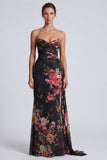 Black Strapless Mermaid Ruched Floral Long Formal Dress with Sash