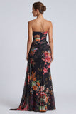 Black Strapless Mermaid Ruched Floral Long Formal Dress with Sash
