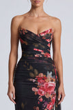 Black Strapless Mermaid Ruched Floral Long Formal Dress with Sash