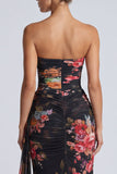 Black Strapless Mermaid Ruched Floral Long Formal Dress with Sash
