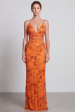 Mermaid Orange Floral Sequins Spaghetti Straps Long Formal Dress