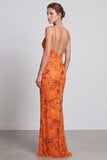 Mermaid Orange Floral Sequins Spaghetti Straps Long Formal Dress