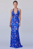Halter Neck Royal Blue Mermaid Sequins Floral Long Formal Dress