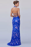 Halter Neck Royal Blue Mermaid Sequins Floral Long Formal Dress