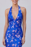 Halter Neck Royal Blue Mermaid Sequins Floral Long Formal Dress
