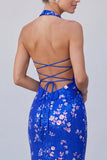 Halter Neck Royal Blue Mermaid Sequins Floral Long Formal Dress