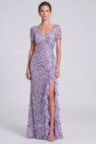 Lilac Mermaid V-Neck Sequins Long Mother of the Bride Dress with Ruffle Slit